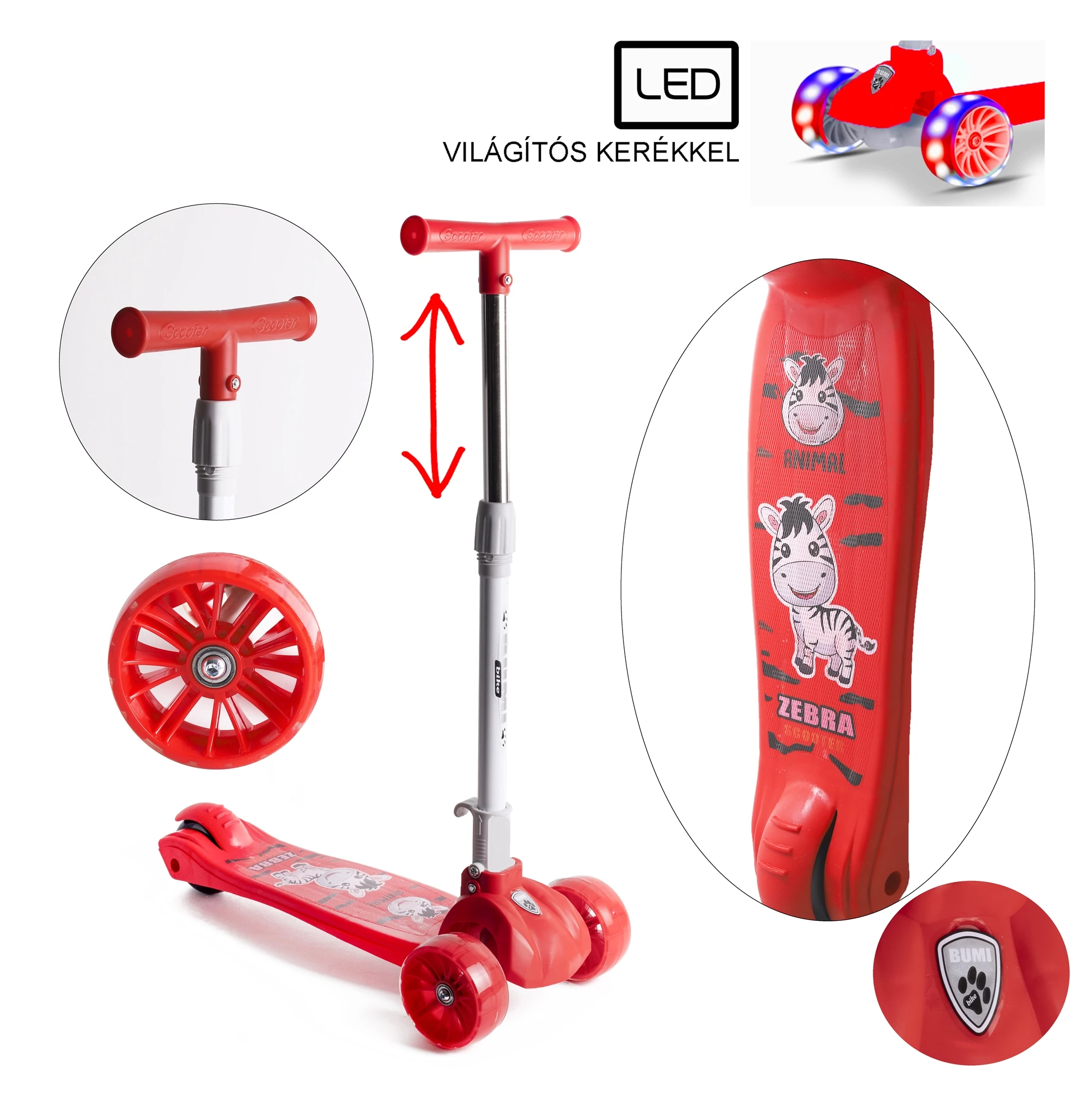Trikolesni skiro z LED kolesi BUMI RED