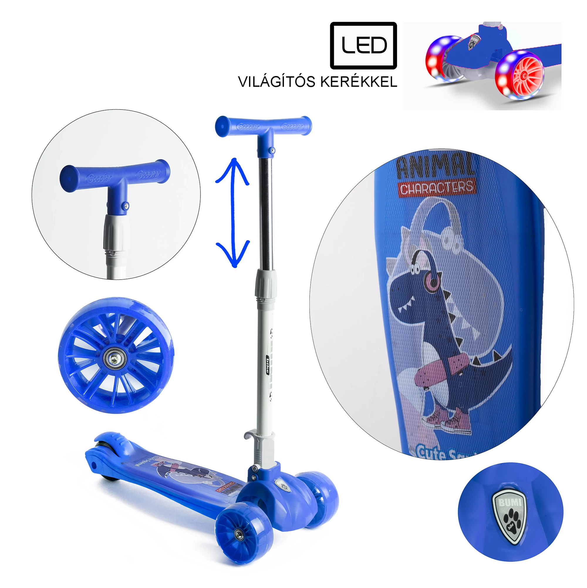 Trikolesni skiro s LED kolesi BUMI BLUE
